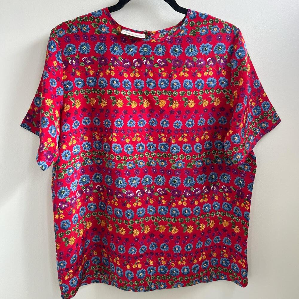 Vintage red Kathie Lee red and blue floral print women’s blouse 80s